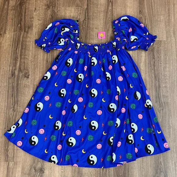 NEW Dressed in LALA Forget the Rules Icon Dress Blue Yin Yang Smile Dress L - Picture 6 of 15